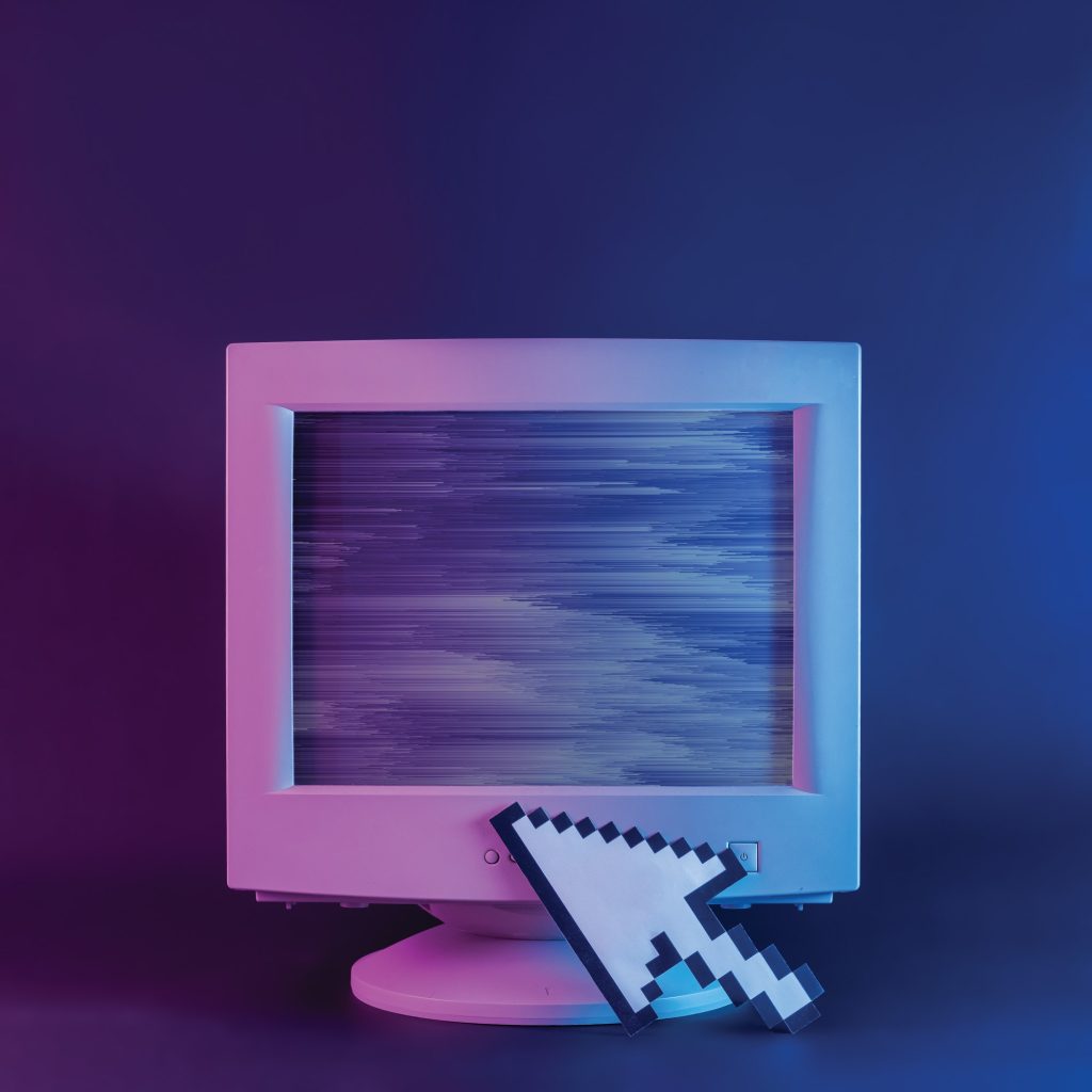 Retro computer monitor with glitch and pixel arrow mouse cursor on neon purple background
