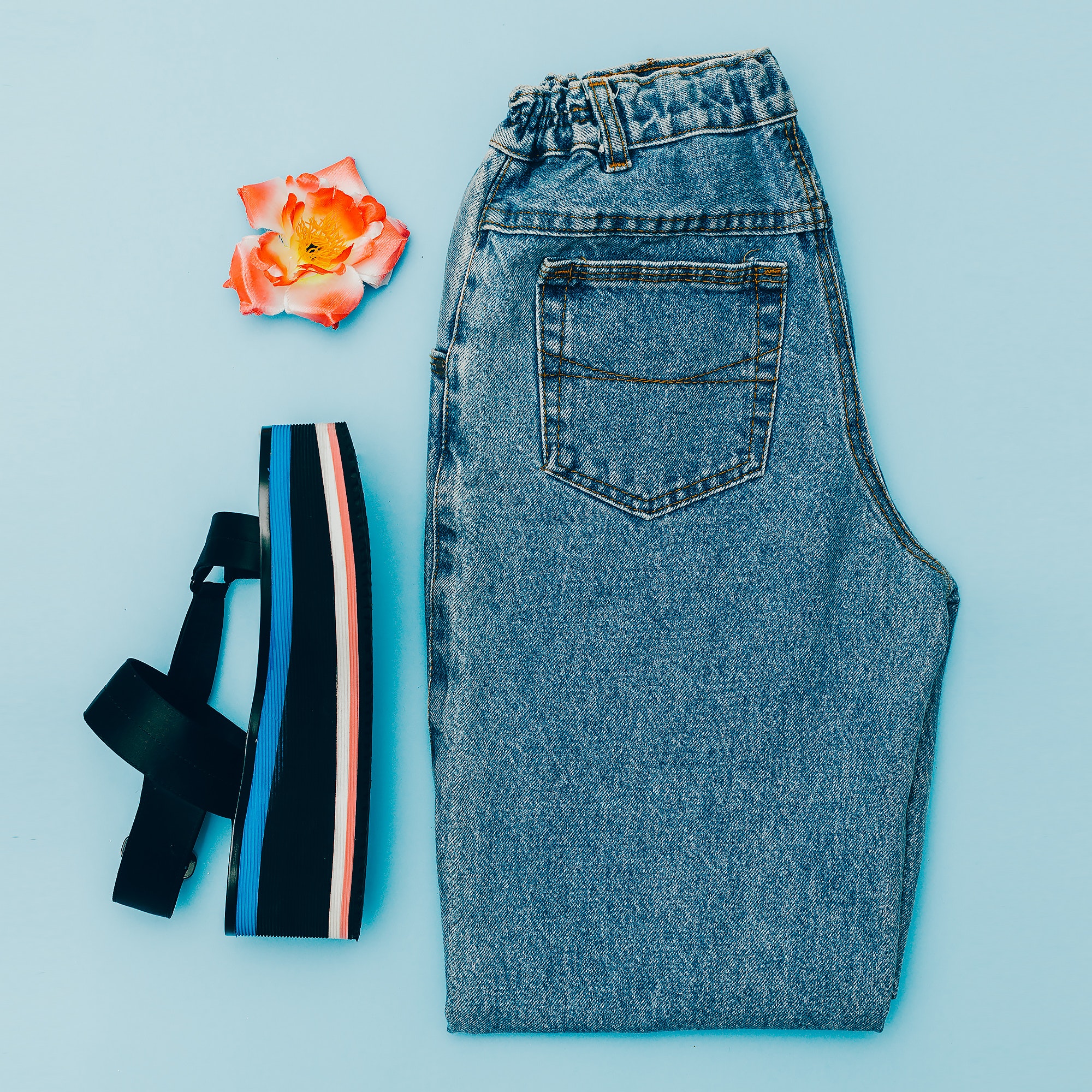 Blue Jeans vintage and platform shoes. Trend of the summer. Styl