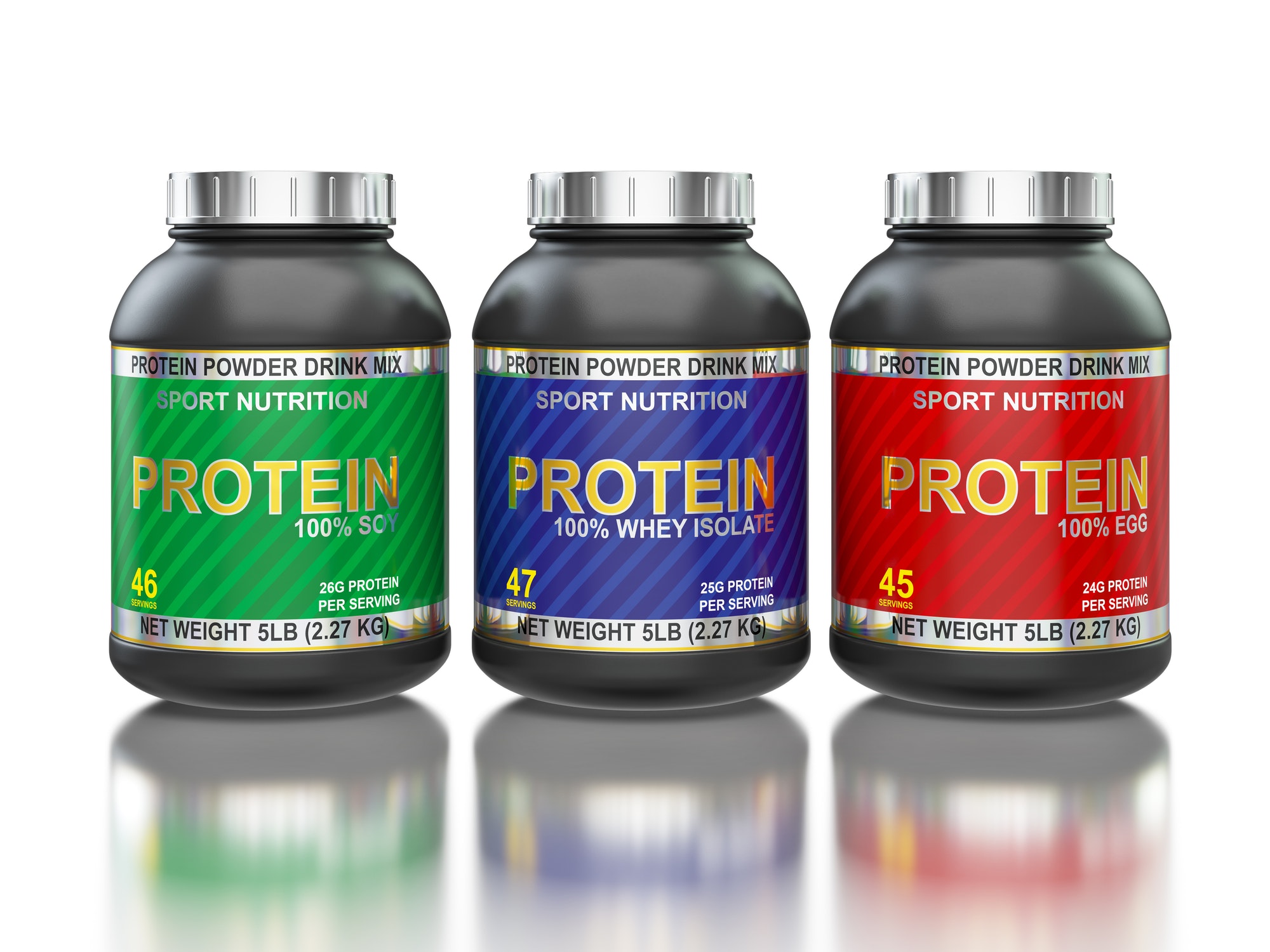 Protein jars isolated on white with reflection